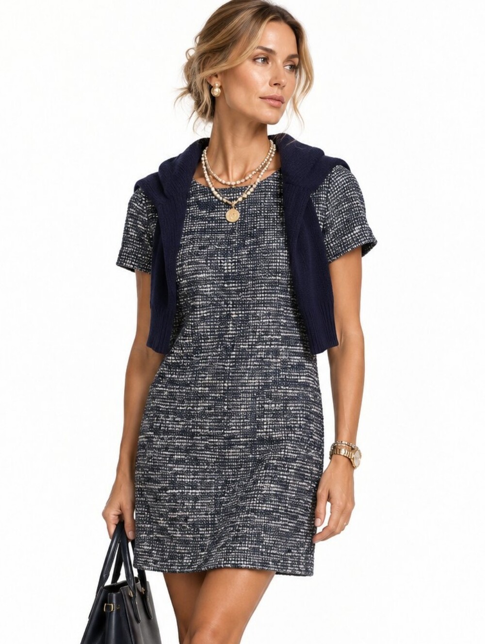 Loft Classic Tweed Navy And White dress Short Sleeve